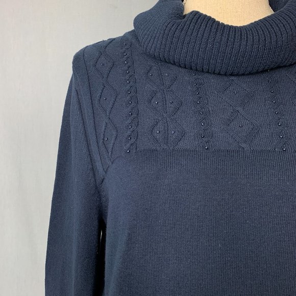 Women's HAGGAR Sweater / NAVY BLUE Cowl Neck Sweater / Diamond Pattern Sweater / - Picture 3 of 5